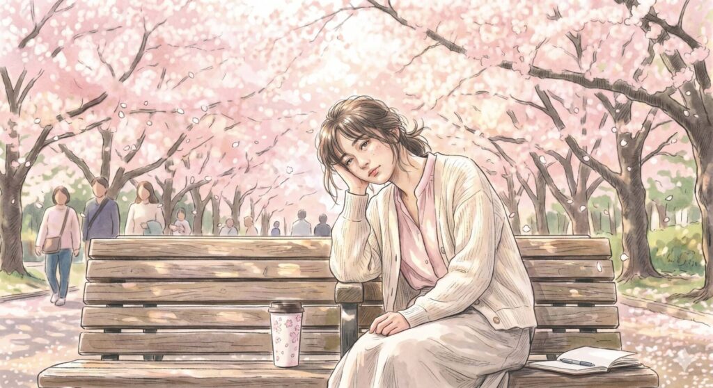 桜の下で座っている女性